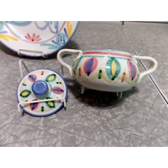 1986 VIETRI ITALY "COLORE" HANDMADE & PAINTED 3PC  DINNER PLATE & SUGAR BOWL SET