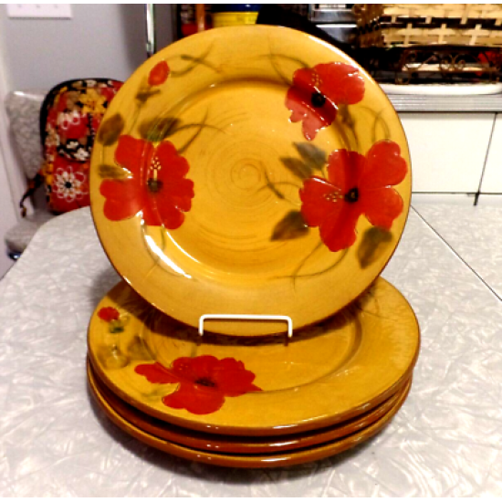 FLEUR de PARADIS for LIVING QUARTERS 4 PC. ROUND HIBISCUS DINNER PLATE SET
