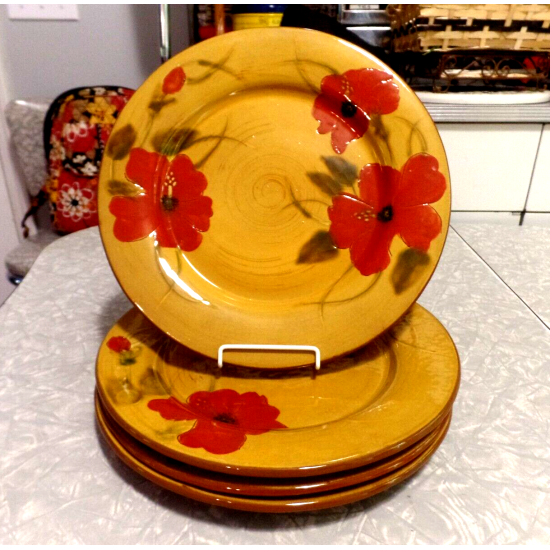 FLEUR de PARADIS for LIVING QUARTERS 4 PC. ROUND HIBISCUS DINNER PLATE SET