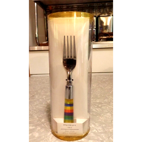 NEW PIER1 IMPORTS RAINBOW COLORED 12 PC. STAINLESS STEEL & ACRYLIC FLATWARE SET