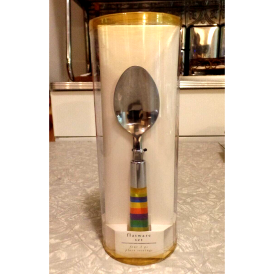 NEW PIER1 IMPORTS RAINBOW COLORED 12 PC. STAINLESS STEEL & ACRYLIC FLATWARE SET
