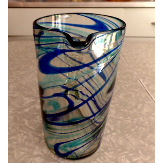 MEXICO HAND BLOWN GLASS BLUE SWIRL PATTERN STRAIGHT SIDED 64 oz PITCHER