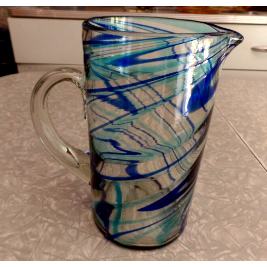 MEXICO HAND BLOWN GLASS BLUE SWIRL PATTERN STRAIGHT SIDED 64 oz PITCHER