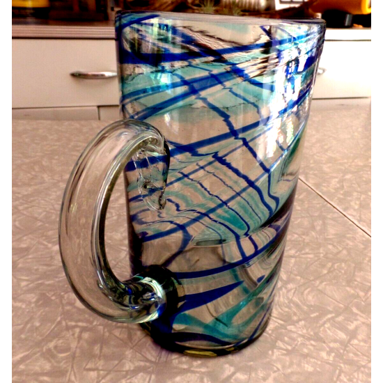 MEXICO HAND BLOWN GLASS BLUE SWIRL PATTERN STRAIGHT SIDED 64 oz PITCHER