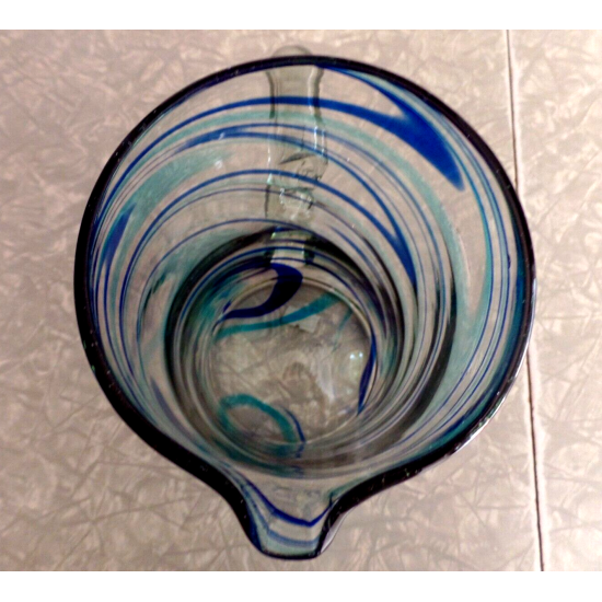 MEXICO HAND BLOWN GLASS BLUE SWIRL PATTERN STRAIGHT SIDED 64 oz PITCHER