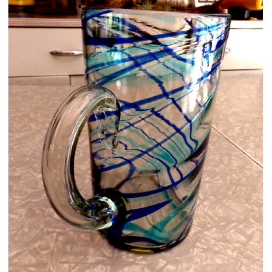 MEXICO HAND BLOWN GLASS BLUE SWIRL PATTERN STRAIGHT SIDED 64 oz PITCHER