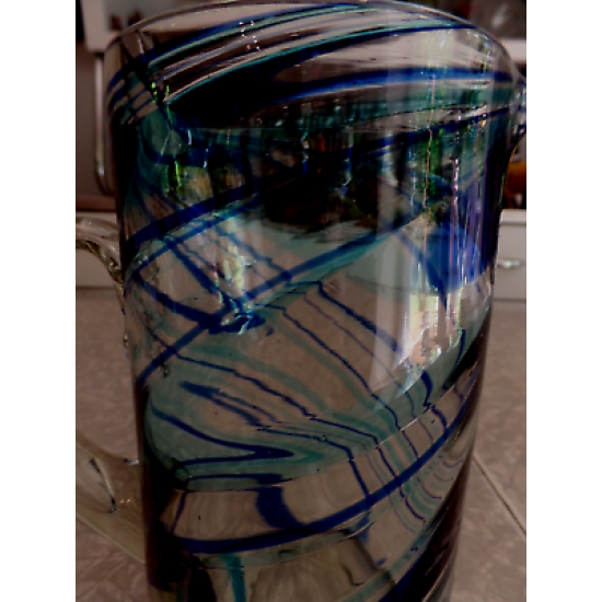 MEXICO HAND BLOWN GLASS BLUE SWIRL PATTERN STRAIGHT SIDED 64 oz PITCHER