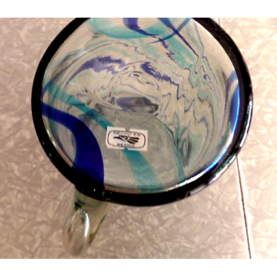 MEXICO HAND BLOWN GLASS BLUE SWIRL PATTERN STRAIGHT SIDED 64 oz PITCHER