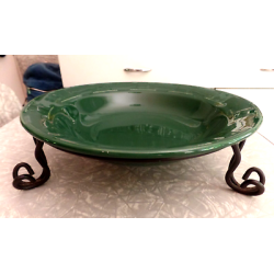 LONGABERGER POTTERY GREEN "WOVEN TRADITIONS" SERVING BOWL W/ FOOTED METAL STAND