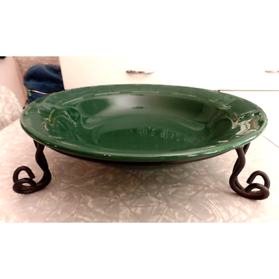 LONGABERGER POTTERY GREEN "WOVEN TRADITIONS" SERVING BOWL W/ FOOTED METAL STAND