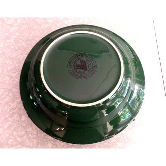 LONGABERGER POTTERY GREEN "WOVEN TRADITIONS" SERVING BOWL W/ FOOTED METAL STAND