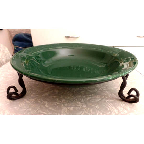 LONGABERGER POTTERY GREEN "WOVEN TRADITIONS" SERVING BOWL W/ FOOTED METAL STAND