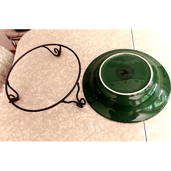 LONGABERGER POTTERY GREEN "WOVEN TRADITIONS" SERVING BOWL W/ FOOTED METAL STAND