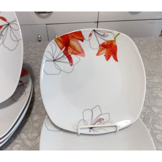 TABLETOPS GALLERY 6 PC. PORCELAIN DINNERWARE SET in the RED "LILY" PATTERN