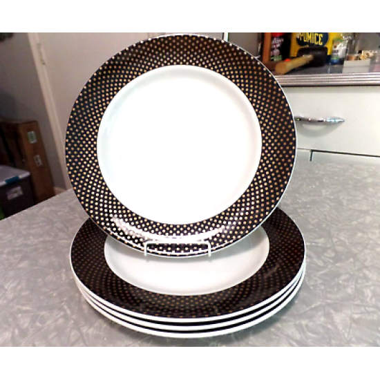 STEELITE ENGLAND 4 PC. GOLD DOTS on a BLACK RIM DINNER PLATE SET