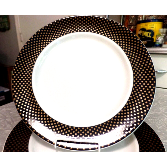 STEELITE ENGLAND 4 PC. GOLD DOTS on a BLACK RIM DINNER PLATE SET