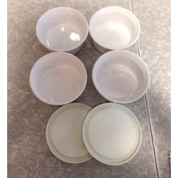 6 PC. CORNING F-16-B FRENCH WHITE 16 OZ. ROUND CASSEROLE DISHES W/STORAGE LIDS