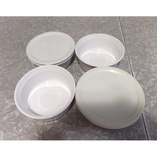 6 PC. CORNING F-16-B FRENCH WHITE 16 OZ. ROUND CASSEROLE DISHES W/STORAGE LIDS