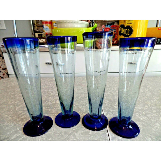ARTISAN COBALT BLUE HAND BLOWN GLASS 4 PC.PARFAIT STYLE FLUTE DRINKING GLASSES