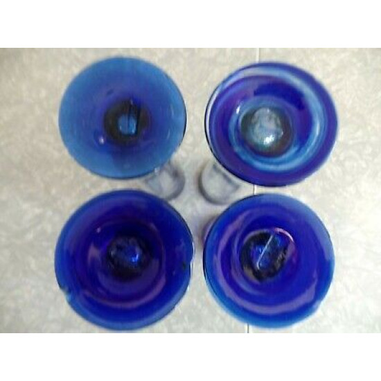 ARTISAN COBALT BLUE HAND BLOWN GLASS 4 PC.PARFAIT STYLE FLUTE DRINKING GLASSES