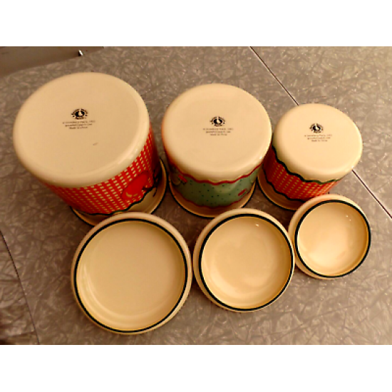 GOOSEBERRY PATCH EXC. COND. ENAMELWARE 6 PC. CANISTER SET CUTE "CHERRY" PATTERN