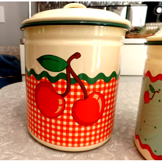 GOOSEBERRY PATCH EXC. COND. ENAMELWARE 6 PC. CANISTER SET CUTE "CHERRY" PATTERN