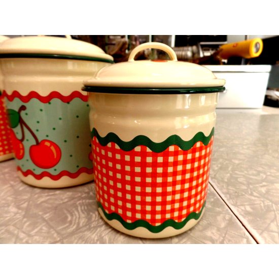GOOSEBERRY PATCH EXC. COND. ENAMELWARE 6 PC. CANISTER SET CUTE "CHERRY" PATTERN