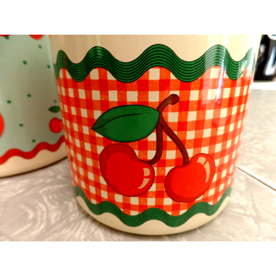 GOOSEBERRY PATCH EXC. COND. ENAMELWARE 6 PC. CANISTER SET CUTE "CHERRY" PATTERN
