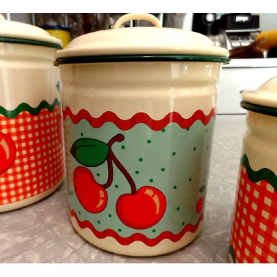 GOOSEBERRY PATCH EXC. COND. ENAMELWARE 6 PC. CANISTER SET CUTE "CHERRY" PATTERN