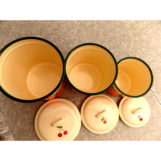 GOOSEBERRY PATCH EXC. COND. ENAMELWARE 6 PC. CANISTER SET CUTE "CHERRY" PATTERN