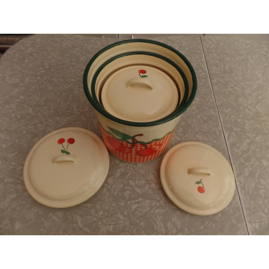 GOOSEBERRY PATCH EXC. COND. ENAMELWARE 6 PC. CANISTER SET CUTE "CHERRY" PATTERN