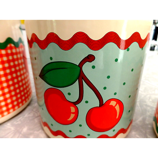 GOOSEBERRY PATCH EXC. COND. ENAMELWARE 6 PC. CANISTER SET CUTE "CHERRY" PATTERN