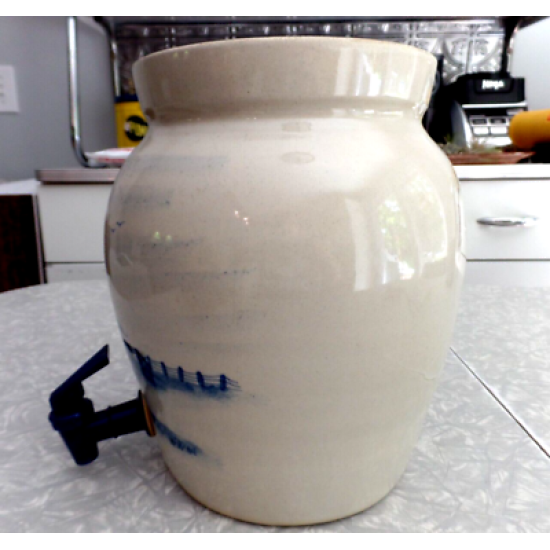 PAUL STORIE POTTERY MARSHALL,TX. BARN DESIGN 2 GAL. COOLER CROCK DISPENSER W/LID
