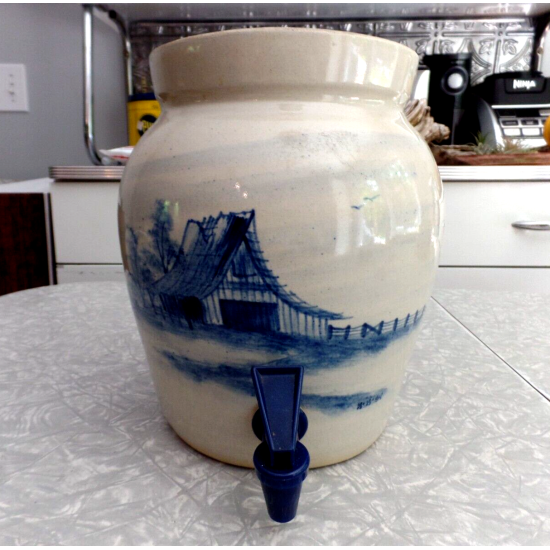 PAUL STORIE POTTERY MARSHALL,TX. BARN DESIGN 2 GAL. COOLER CROCK DISPENSER W/LID