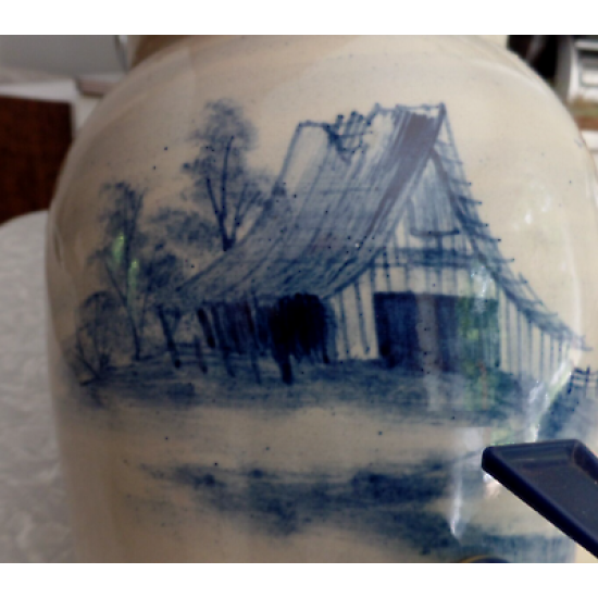 PAUL STORIE POTTERY MARSHALL,TX. BARN DESIGN 2 GAL. COOLER CROCK DISPENSER W/LID