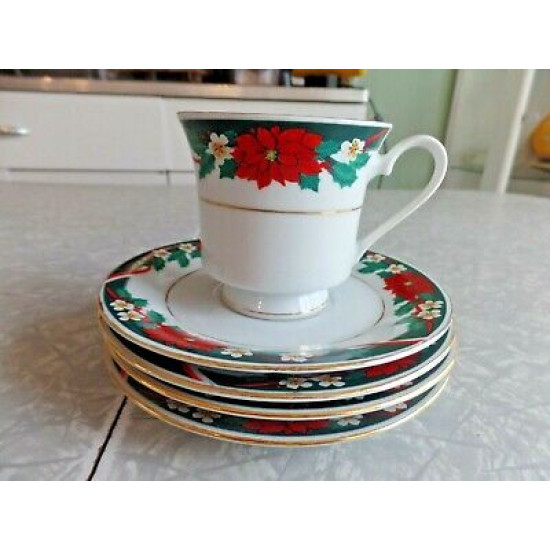 5 PC. SET of TIEN SHAN POINSETTIA  SAUCERS +1 CUP in the "DECK the HALLS PATTERN
