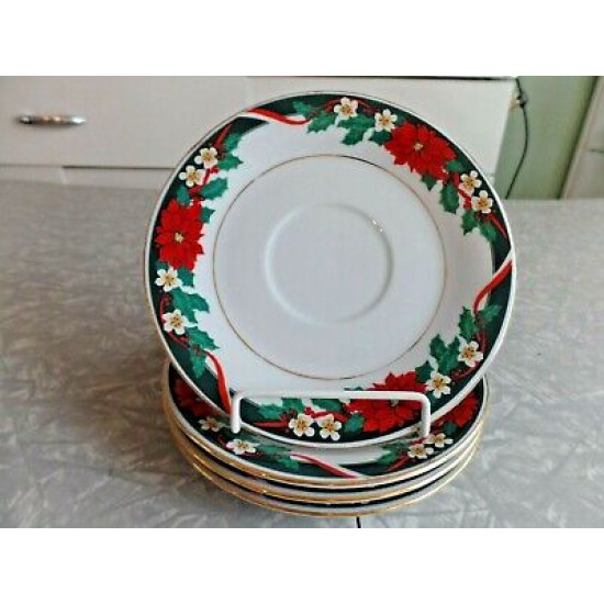 5 PC. SET of TIEN SHAN POINSETTIA  SAUCERS +1 CUP in the "DECK the HALLS PATTERN