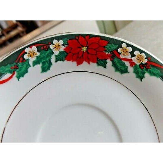 5 PC. SET of TIEN SHAN POINSETTIA  SAUCERS +1 CUP in the "DECK the HALLS PATTERN