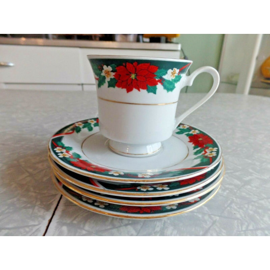 5 PC. SET of TIEN SHAN POINSETTIA  SAUCERS +1 CUP in the "DECK the HALLS PATTERN