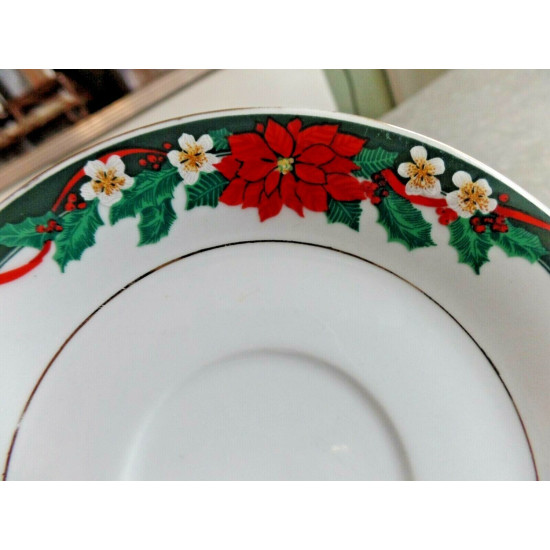 5 PC. SET of TIEN SHAN POINSETTIA  SAUCERS +1 CUP in the "DECK the HALLS PATTERN