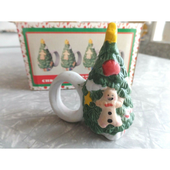WORLD BAZAAR PORCELAIN HAND PAINTED "CHRISTMAS TREE" NAPKIN RINGS