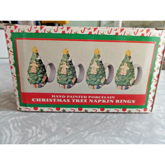 WORLD BAZAAR PORCELAIN HAND PAINTED "CHRISTMAS TREE" NAPKIN RINGS