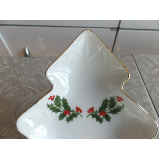 BEAUTIFUL KASHIMA "CHRISTMAS HOLLY" PORCELAIN TREE SHAPED CANDY DISH GOLD ACCENT