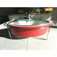 TEMP-TATIONS OVENWARE 2 1/2 QUART RED OVAL CASSEROLE DISH w/LID and SERVE TRAY