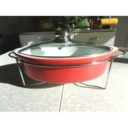 TEMP-TATIONS OVENWARE 2 1/2 QUART RED OVAL CASSEROLE DISH w/LID and SERVE TRAY