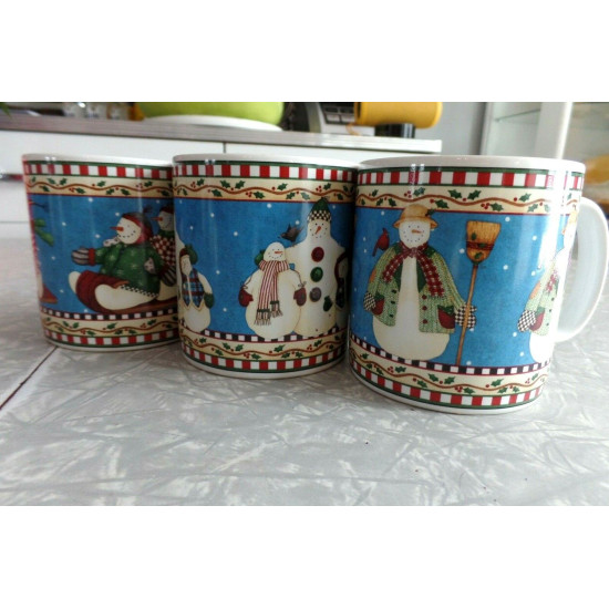 3PC.SAKURA DEBBIE MUMM DESIGN "JOLLY SNOWMEN" SERIES COFFEE/TEA MUGS