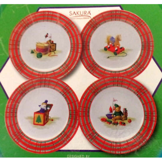 NOS SAKURA VINTAGE 4 PC. CHRISTMAS MORNING COMPLETE 8 1/4" SALAD/LUNCH PLATE SET