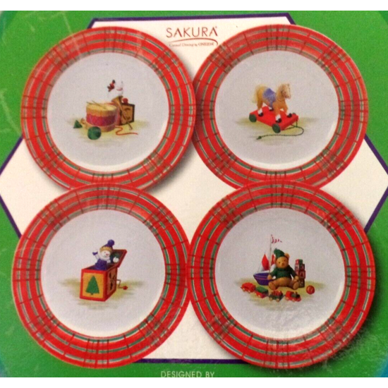 NOS SAKURA VINTAGE 4 PC. CHRISTMAS MORNING COMPLETE 8 1/4" SALAD/LUNCH PLATE SET