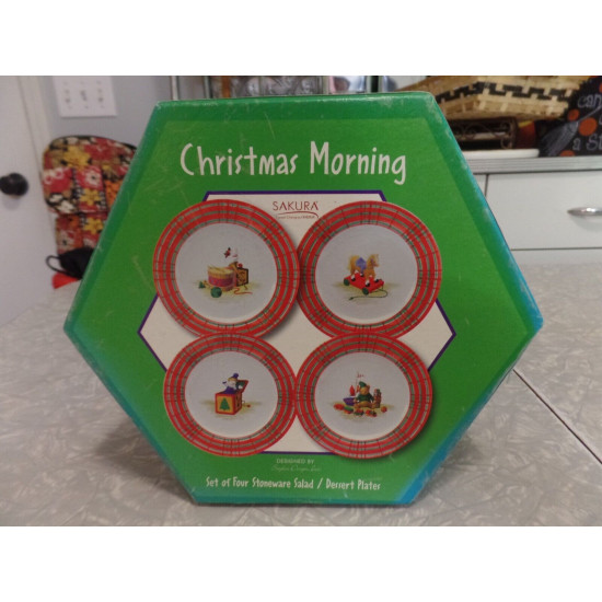 NOS SAKURA VINTAGE 4 PC. CHRISTMAS MORNING COMPLETE 8 1/4" SALAD/LUNCH PLATE SET
