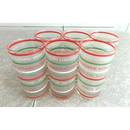 6 PC. FROSTED GLASS DRINK SET in a "MERRY CHRISTMAS" PATTERN in SIX LANGUAGES